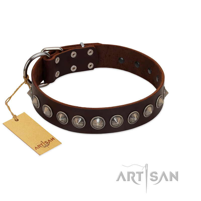 "Gothic Style" FDT Artisan Fancy Brown Leather Central Asian Shepherd Collar with Silver-Like Decorations