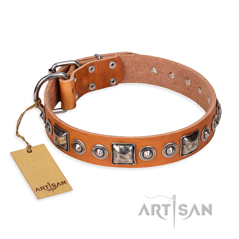 "Era of Future" FDT Artisan Handcrafted Tan Leather Central Asian Shepherd Collar with Decorations