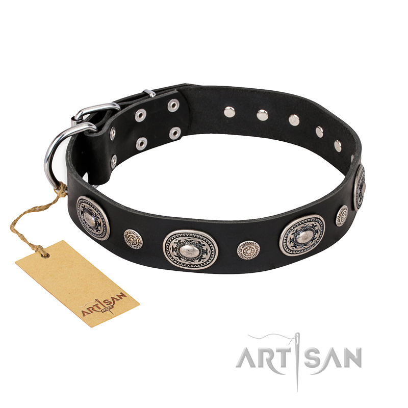 "Black Tie" FDT Artisan Leather Central Asian Shepherd Collar with Old Silver-like Decorations