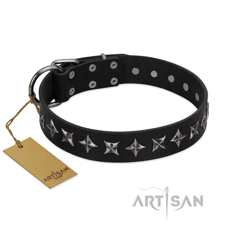 "Lights-out" FDT Artisan Black Leather Central Asian Shepherd Collar with Silver-like Set of Stars - Click Image to Close