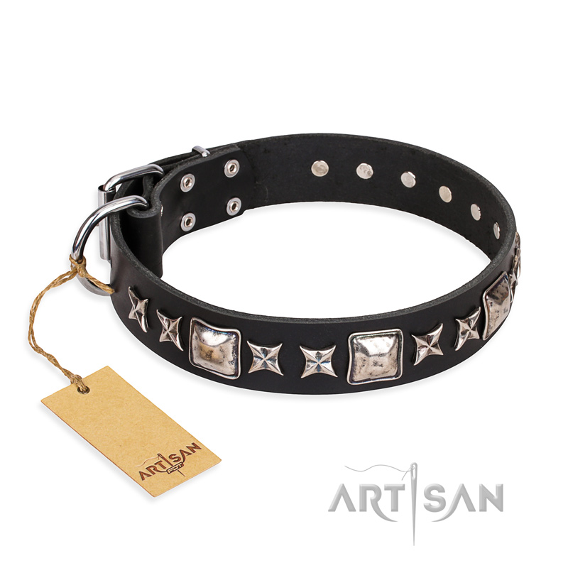 "Space Walk" FDT Artisan Black Leather Central Asian Shepherd Collar with Adornments