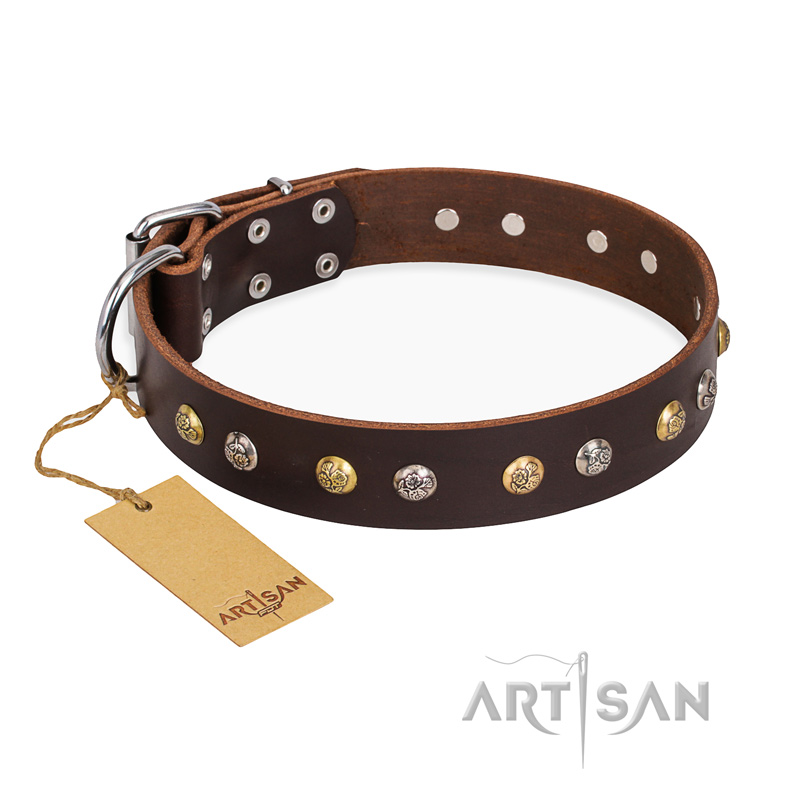 "Golden"n"Silver Luxury" FDT Artisan Leather Central Asian Shepherd Collar with Engraved Studs