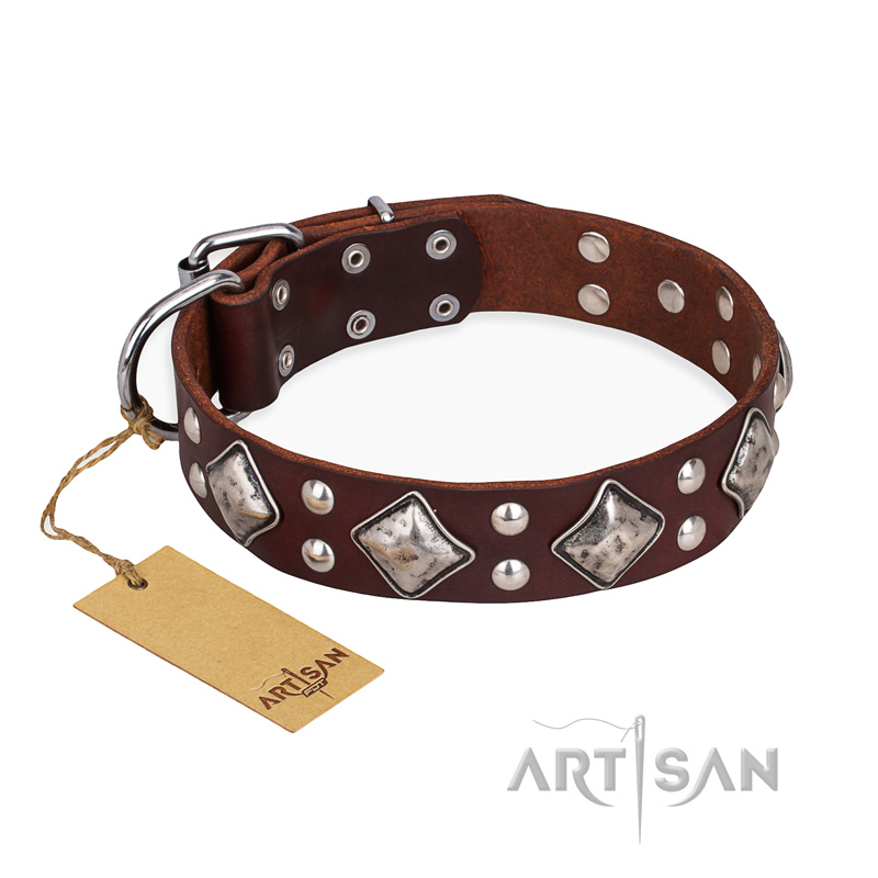 "King of Grace" FDT Artisan Stylish Leather Central Asian Shepherd Collar with Old Silver-Like Plated Decorations