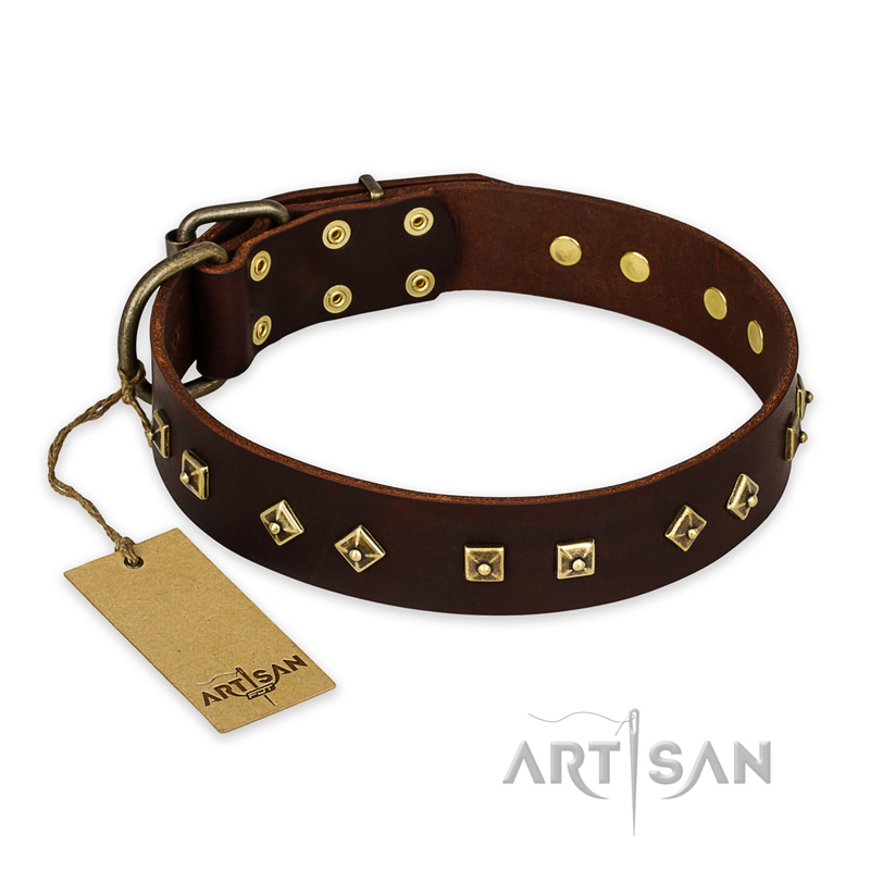 "Fashion Studs" FDT Artisan Decorated Leather Central Asian Shepherd Collar with Old Bronze-Plated Steel Hardware