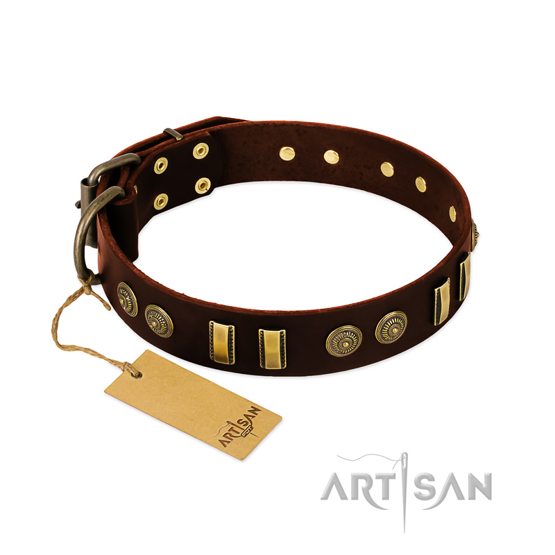 "Golden Elegance" FDT Artisan Brown Leather Central Asian Shepherd Collar with Old Bronze-like Decorations