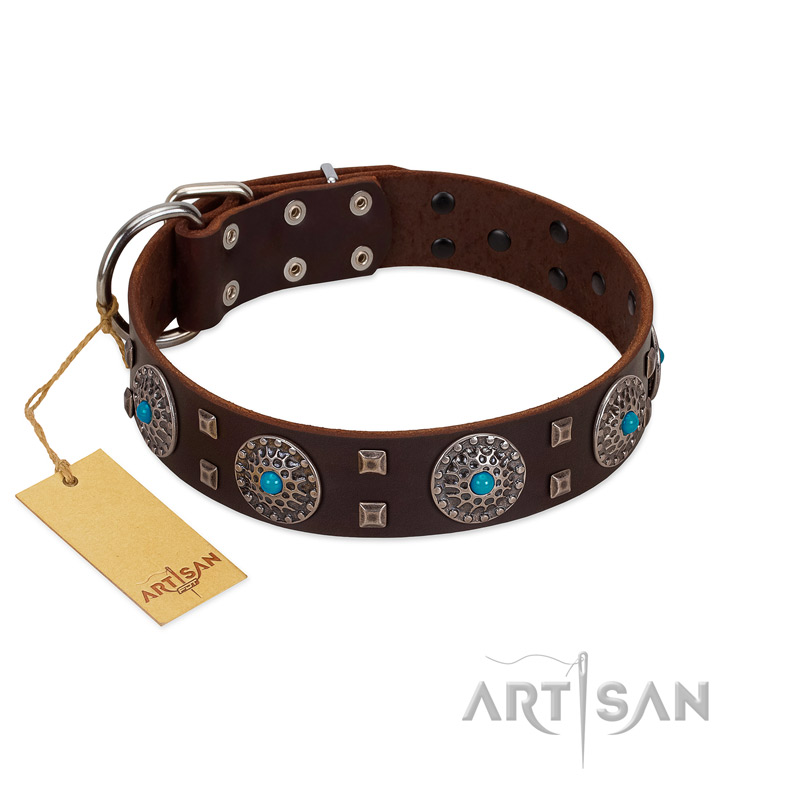 "Hypnotic Stones" FDT Artisan Brown Leather Central Asian Shepherd Collar with Chrome Plated Brooches and Square Studs