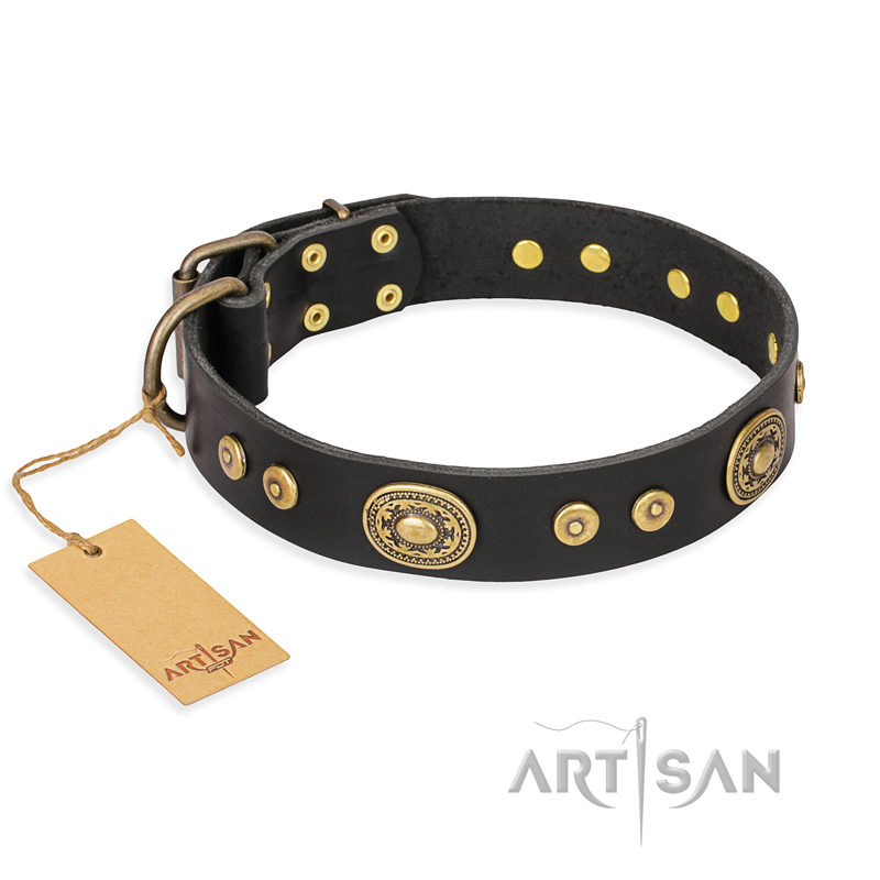 "Golden Radiance" FDT Artisan Black Leather Central Asian Shepherd Collar with Old Bronze Look Ovals and Circles