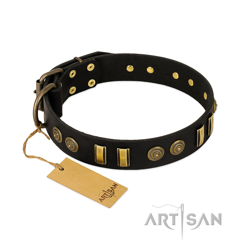 "Simple Elegance" FDT Artisan Black Leather Central Asian Shepherd Collar with Old Bronze-like Plates and Circles