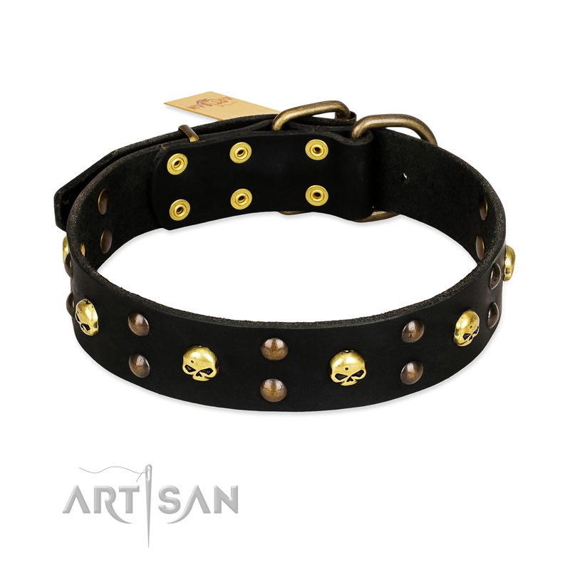 "Heavy Metal" Leather Central Asian Shepherd Collar with Skulls and Studs 1 1/2 inch (40 mm)