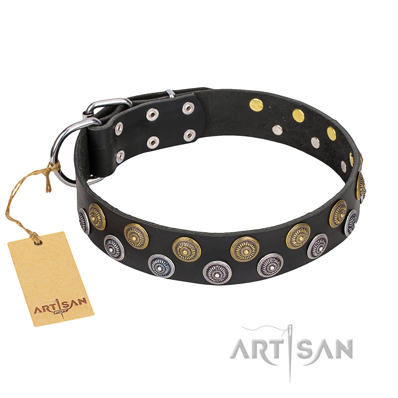 "Romantic Breeze" FDT Artisan Black Leather Central Asian Shepherd Collar with Sparkling Circles