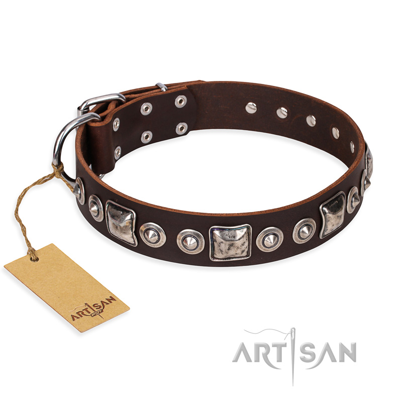 "Pierian spring" FDT Artisan Brown Leather Central Asian Shepherd Collar with Silvery Decorations