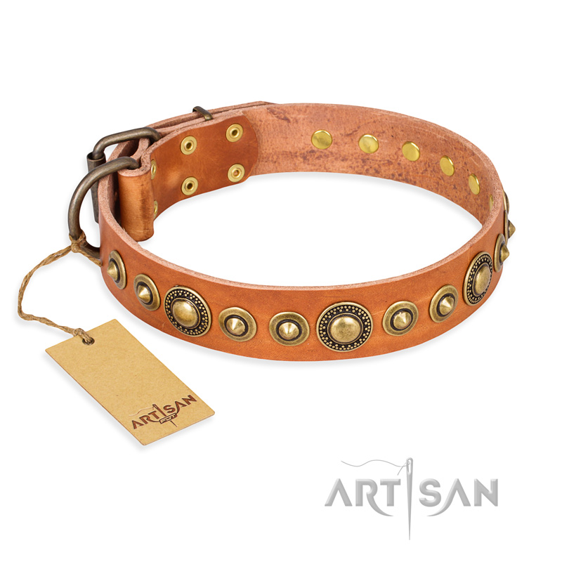 "Feast of Luxury" FDT Artisan Tan Leather Central Asian Shepherd Collar with Old Bronze Look Circles