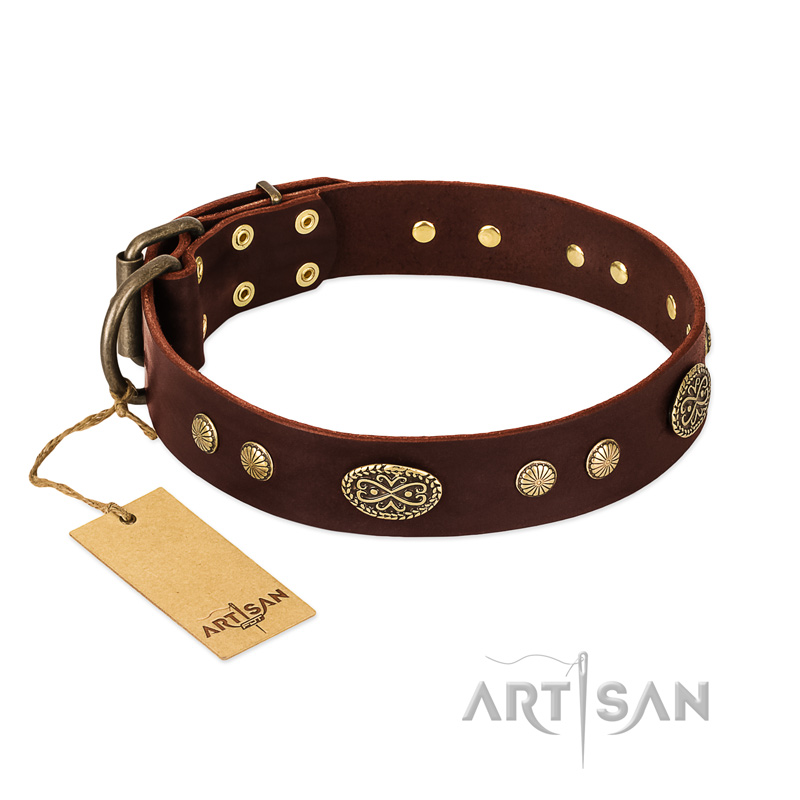 "Old-fashioned Glamor" FDT Artisan Brown Leather Central Asian Shepherd Collar with Old Bronze Look Plates and Circles