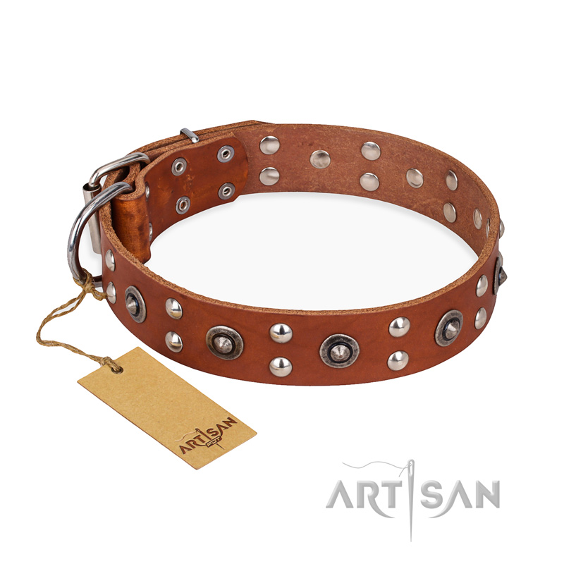 "Silver Elegance" FDT Artisan Decorated Leather Central Asian Shepherd Collar with Old Silver-Like Plated Studs and Cones