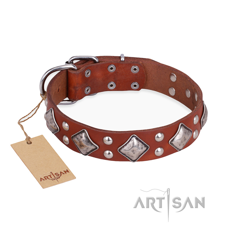 "Magic Squares" FDT Artisan Tan Leather Central Asian Shepherd Collar with Silver-like Decor