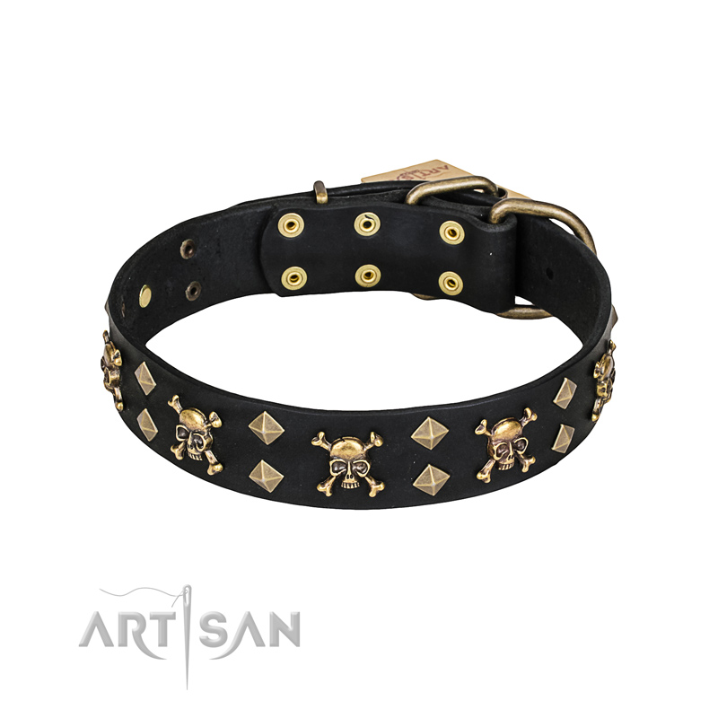 "Jolly Rojer" FDT Artisan Leather Central Asian Shepherd Collar with Pirate Skulls and Studs - 1 1/2 inch (40 mm) wide