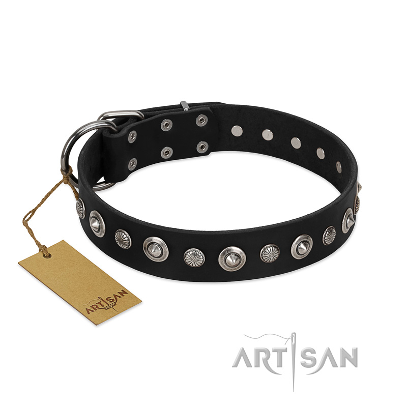"Genteel Charm" FDT Artisan Black Leather Central Asian Shepherd Collar with Silver-like Round Conchos
