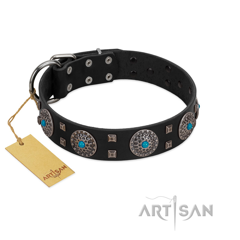 "Boundless Blue" FDT Artisan Black Leather Central Asian Shepherd Collar with Chrome Plated Brooches and Square Studs