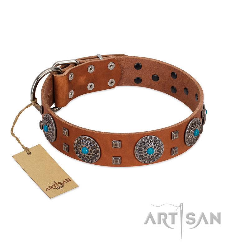 "Blue Sands" FDT Artisan Tan Leather Central Asian Shepherd Collar with Silver-like Studs and Round Conchos with Stones